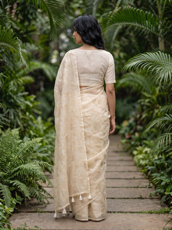 Mul Chanderi Beige Saree with Embroidered Lotus Vine Print