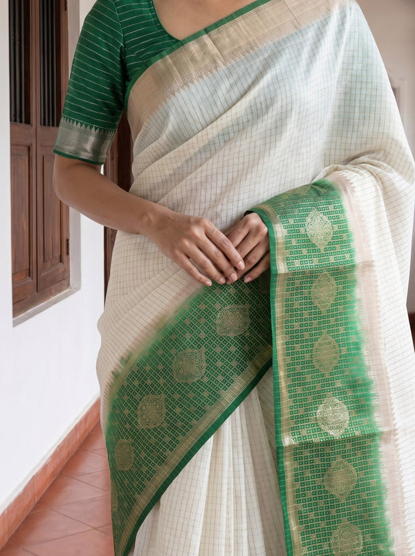 Semi Chanderi Off White Green Shaded Border Zari Medallion Saree