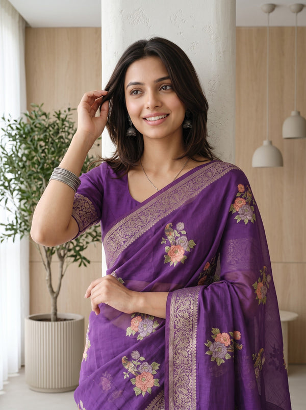 Chanderi Cotton Purple Saree with Scattered Rose Bouquet Print
