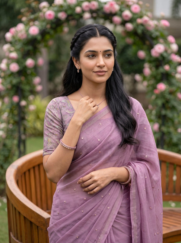 Chiffon Dusty Purple Saree with Sequin Dots and Grey Tassels