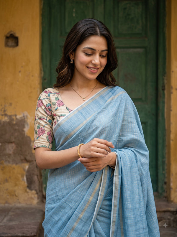 Semi Tussar Sea Blue Saree with Golden Check Grid