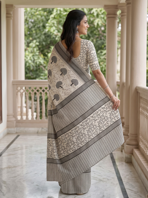 Cotton White Saree with Black Bird and Floral Printed Pallu