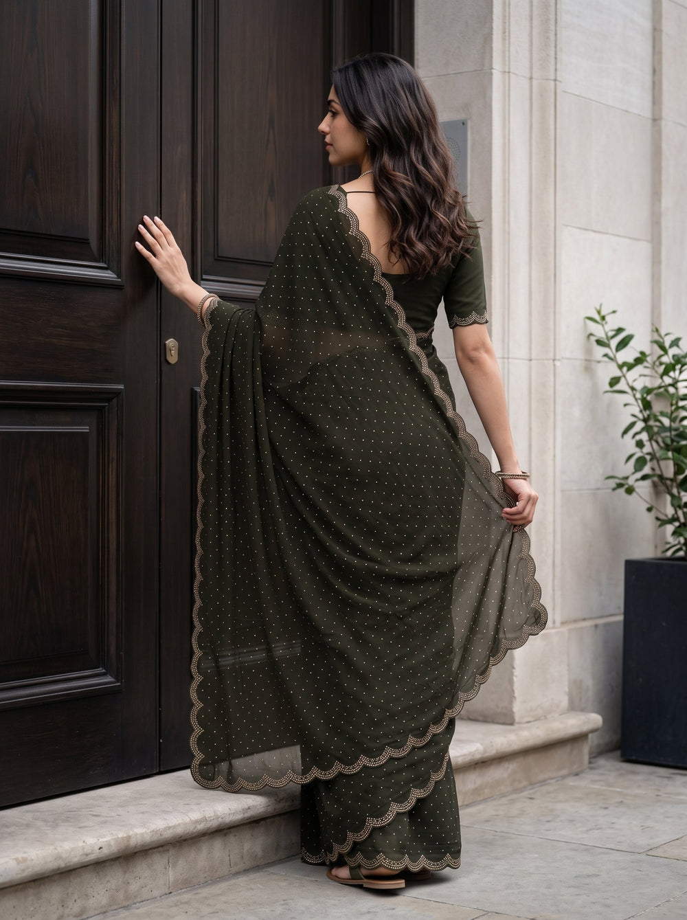 Chiffon Mehandi Green Stone Embellished Saree