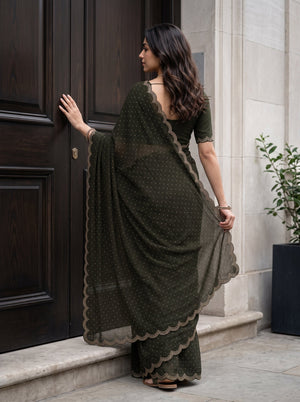 Chiffon Mehandi Green Stone Embellished Saree