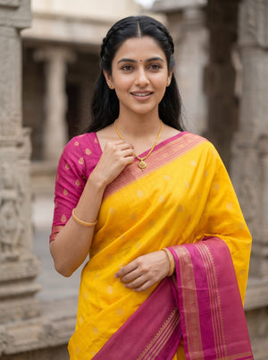 Semi Silk Yellow Pink Dual Tone Butta Saree