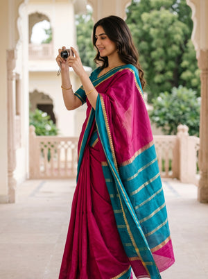Pure Mysore Silk Rani Pink Saree with Contrast Teal Pallu and Zari Mango Border