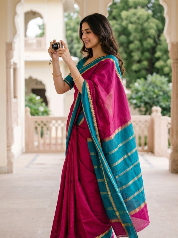 Pure Mysore Silk Rani Pink Saree with Contrast Teal Pallu and Zari Mango Border
