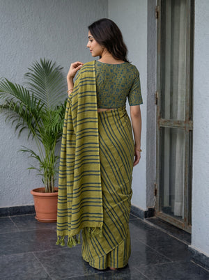 Cotton Olive Green Saree with Teal Horizontal Stripe Print