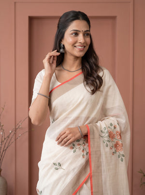 Tissue cream Saree with Multicolor Floral Embroidery and rust colour border