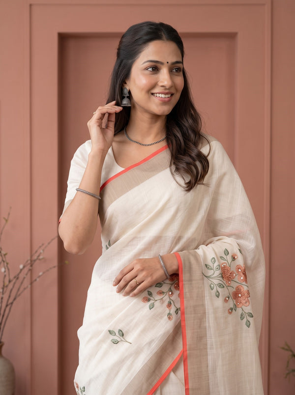 Tissue cream Saree with Multicolor Floral Embroidery and rust colour border