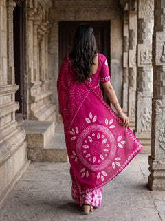 Semi Modal pink Saree with Bandhani Print and Shibori Hem