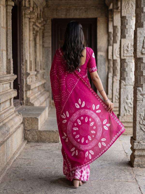 Semi Modal pink Saree with Bandhani Print and Shibori Hem