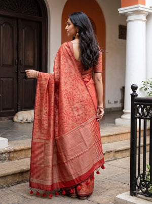 Matka Silk Red Golden Zari Floral Motif Striped Pallu