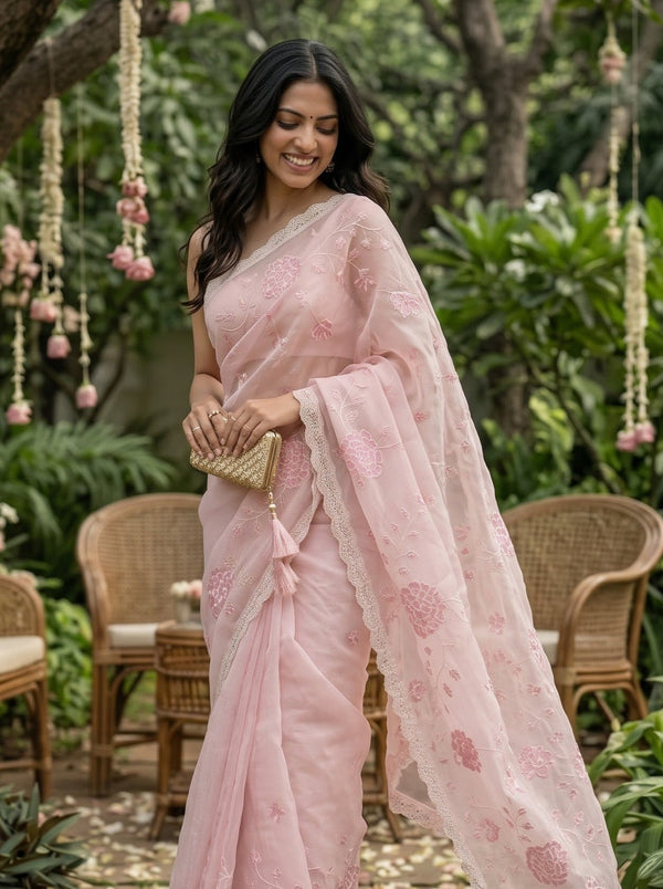 Organza Light Blush Pink Floral Embroidered Saree