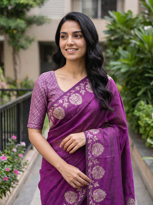 Cotton Silk Purple Saree with Golden Zari Floral Weave Pallu