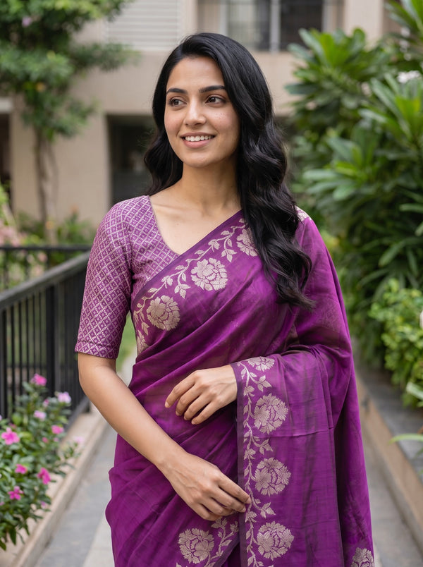 Cotton Silk Purple Saree with Golden Zari Floral Weave Pallu