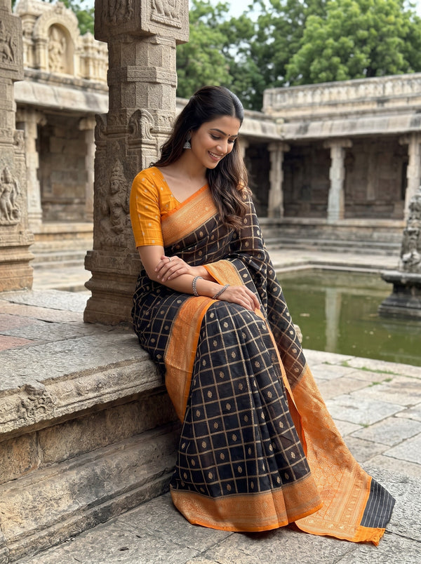 Banarasi Silk Black Orange Contrast Pallu Checkered Saree
