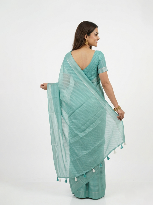 Semi Silk Aqua Blue Textured Stripe Saree