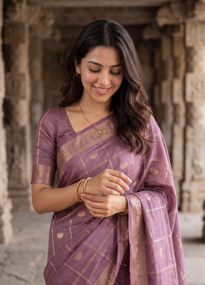 Semi Silk Mauve Checkered Paisley Saree