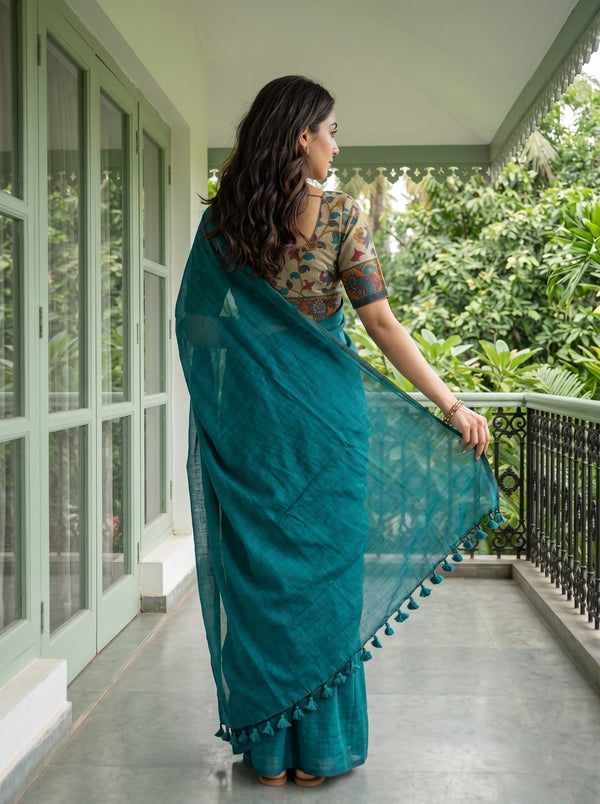 Cotton Teal Green Saree with Teal Tassels and Floral Print