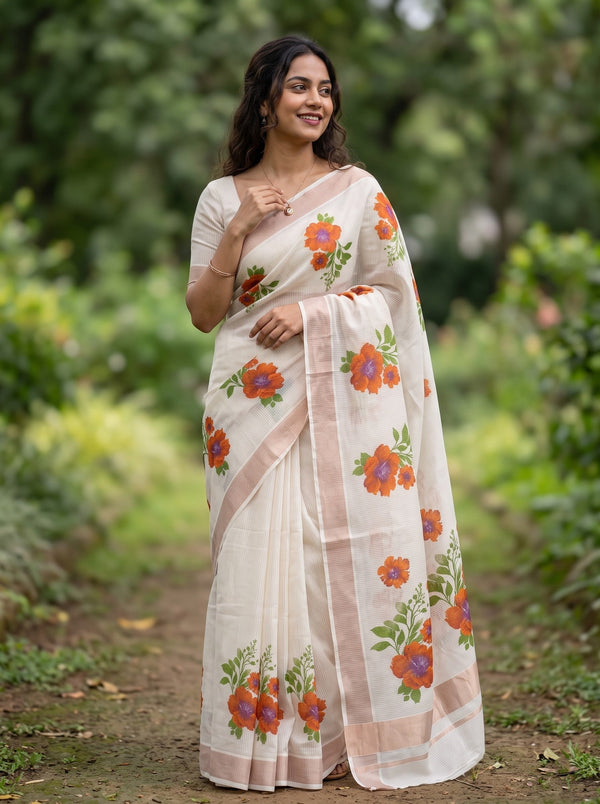 Cotton Cream Kerala Saree with Orange Floral Print Pallu and Copper Zari Border