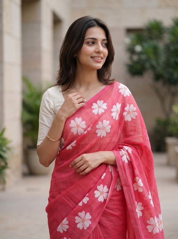 Cotton Linen Saree in Pink with Scattered White Daisy Trim and Pink Tassels