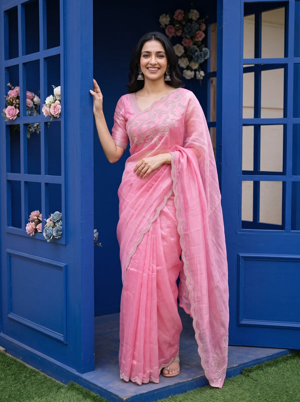 Organza Pink Scalloped Golden Beaded Border Saree
