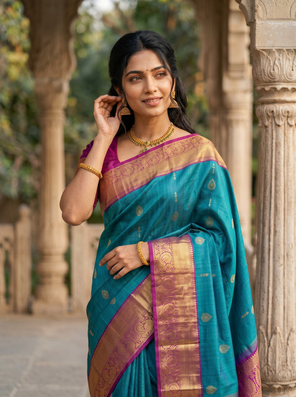 Pure Silk Peacock Blue Saree with Golden Zari Peacock Motif Pallu
