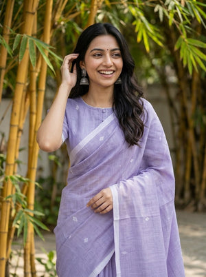 Cotton Lavender Purple Saree with White Floral Bouquet Pallu