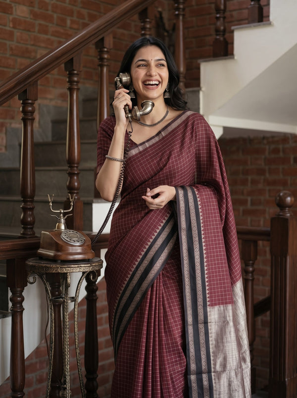 Cotton Silk Maroon Checked Black Border Saree