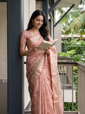 Tissue Saree in Peach with Watercolor Floral Garden Print