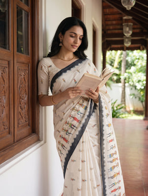Cotton Saree in White with Ethnic Tribal Figure Motif