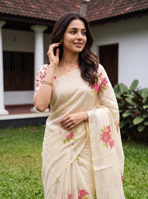 Tissue Cream Floral Print Onam Special Kerala Saree with Krishna Butter Pot Pallu