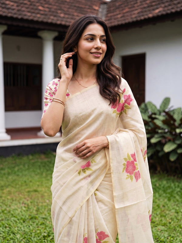 Tissue Cream Floral Print Onam Special Kerala Saree with Krishna Butter Pot Pallu