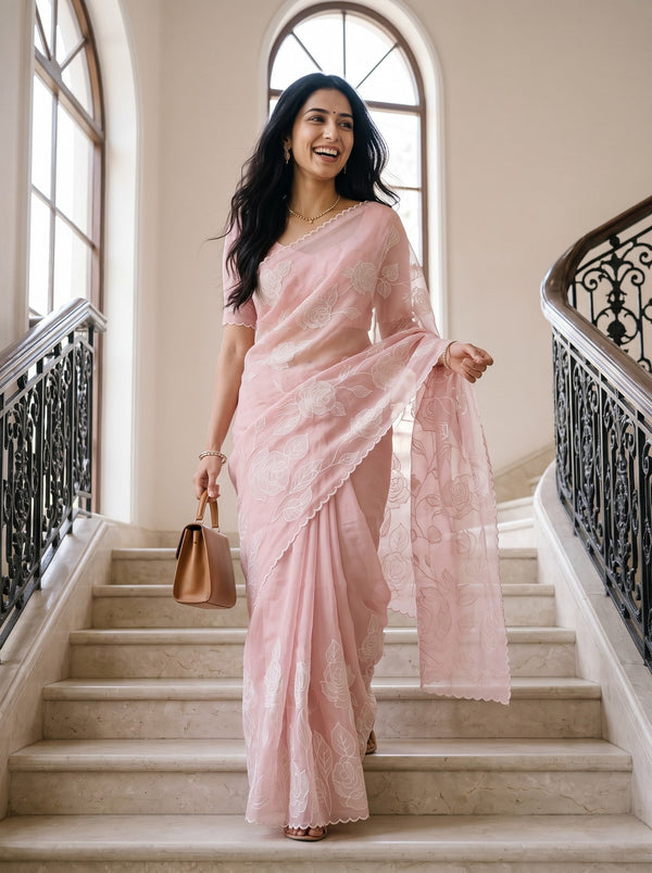 Organza Pink Allover Self-Tone Rose Embroidered Saree with Scalloped Edges