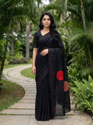 Kota Doria Black Red Circular Chevron Motif Saree