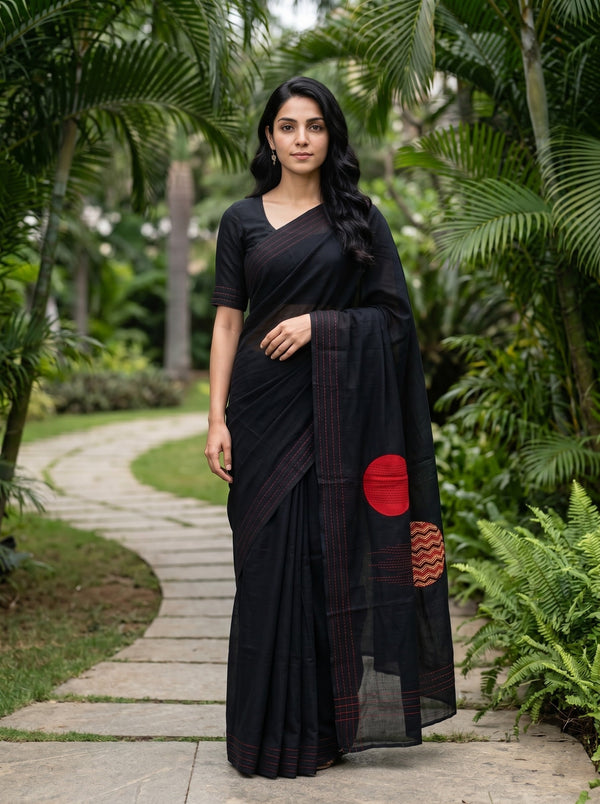 Kota Doria Black Red Circular Chevron Motif Saree