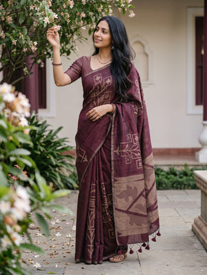 Matka Silk Maroon Saree with Geometric Trellis and Leaf Jaal Weave