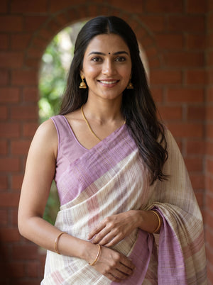 Synthetic Off-White Striped Saree with Lilac Multicolor Border and Blouse Piece