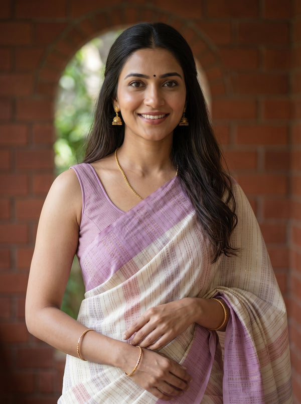 Synthetic Off-White Striped Saree with Lilac Multicolor Border and Blouse Piece