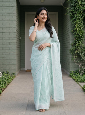 Mul Chanderi Mint Green White Striped Allover Floral Vine Embroidered Cutwork Daisy Saree
