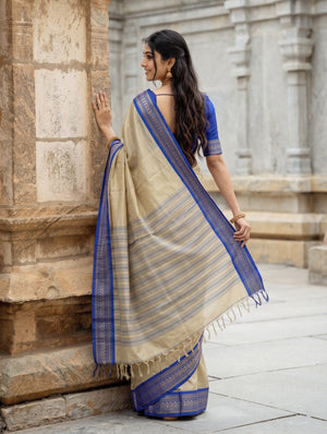 Semi Silk Beige Saree Striped Body with Blue Brocade Border