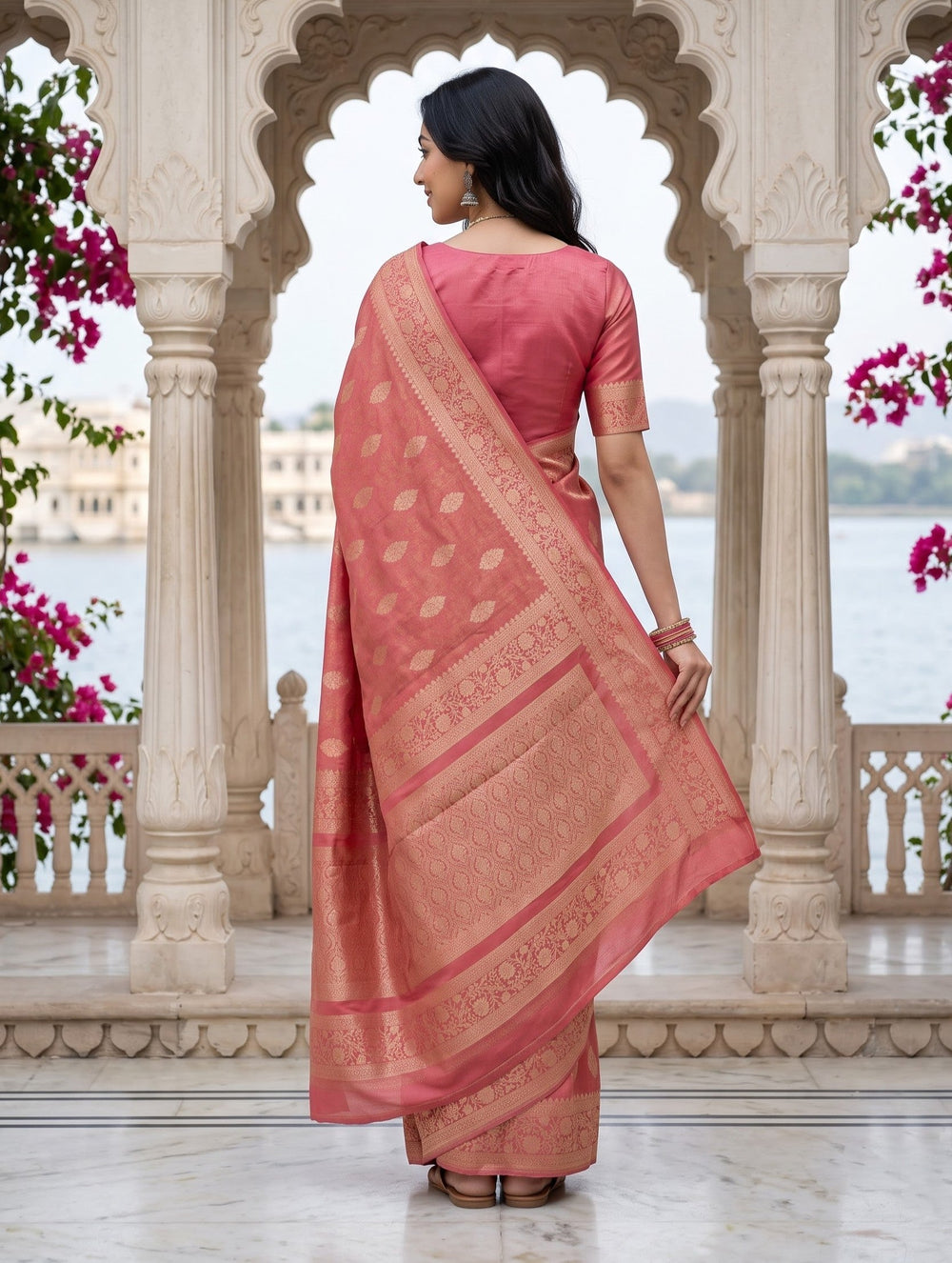 Banarasi Saree in Coral Pink with Golden Paisley Pallu Design