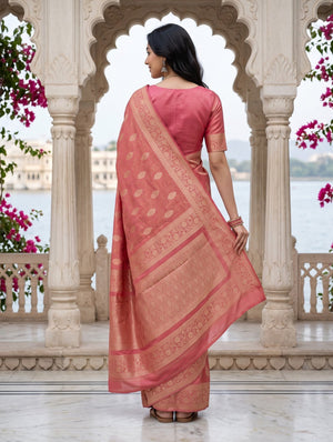 Banarasi Saree in Coral Pink with Golden Paisley Pallu Design