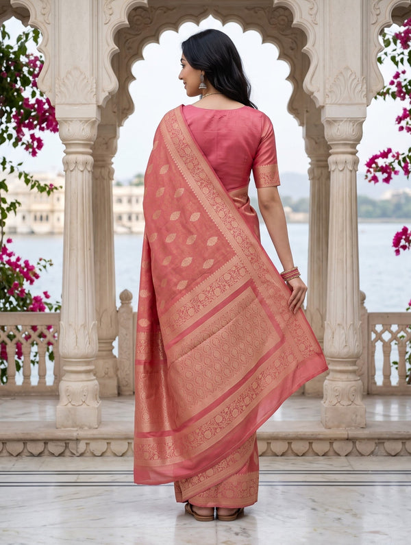 Banarasi Saree in Coral Pink with Golden Paisley Pallu Design