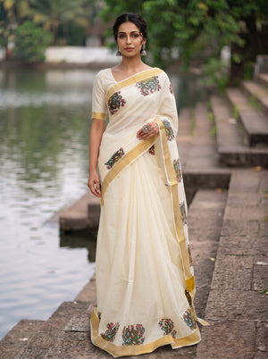 Cotton Off-White Mural Print With Golden Border Onam Special Kerala Saree