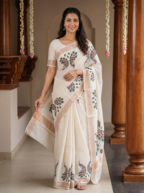 A woman wearing a white cotton saree with pink border and green floral embroidery, standing in a traditional indoor hallway with wooden pillars.