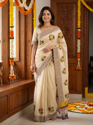 Tissue Cream Yellow Purple Floral Print with Silver Border Onam Special Kerala Saree
