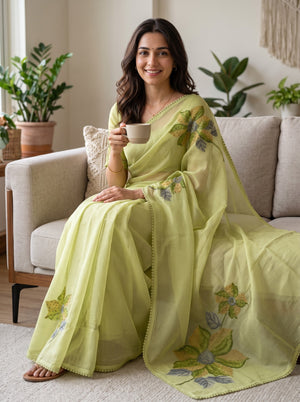 Net Kota Pista Green Saree with Beaded Floral Applique Pallu and Picot Lace Edge