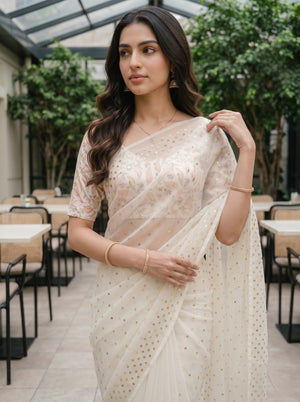 Organza Off-White Scattered Sequin Saree with Tassel Pallu